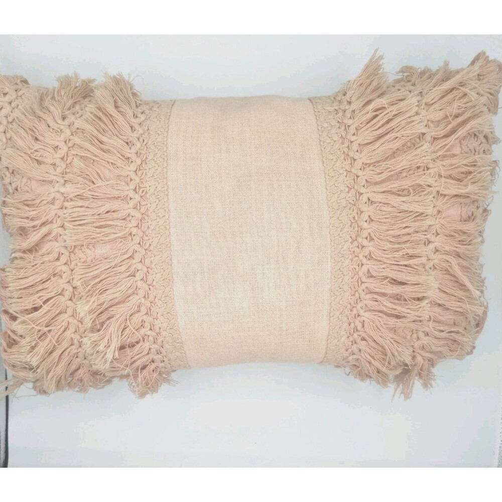 Macrame Fringe Blush Pink Decorative Oblong Throw Pillow 10x18
